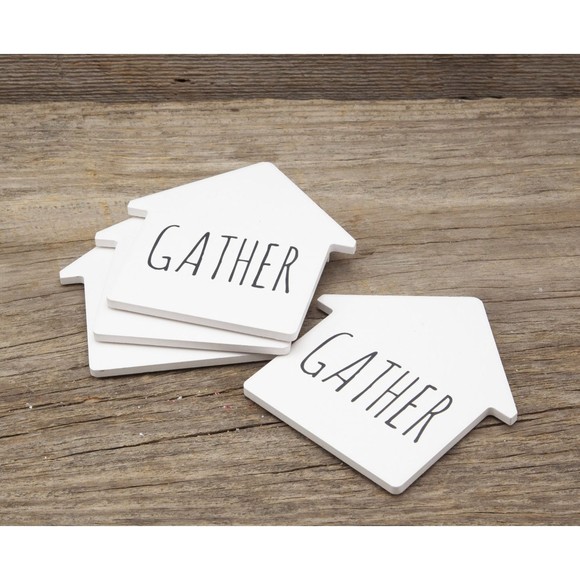 Celebrate Decorative Coaster Set House Shape Gather White Stoneware Coasters 4pc - Picture 5 of 5